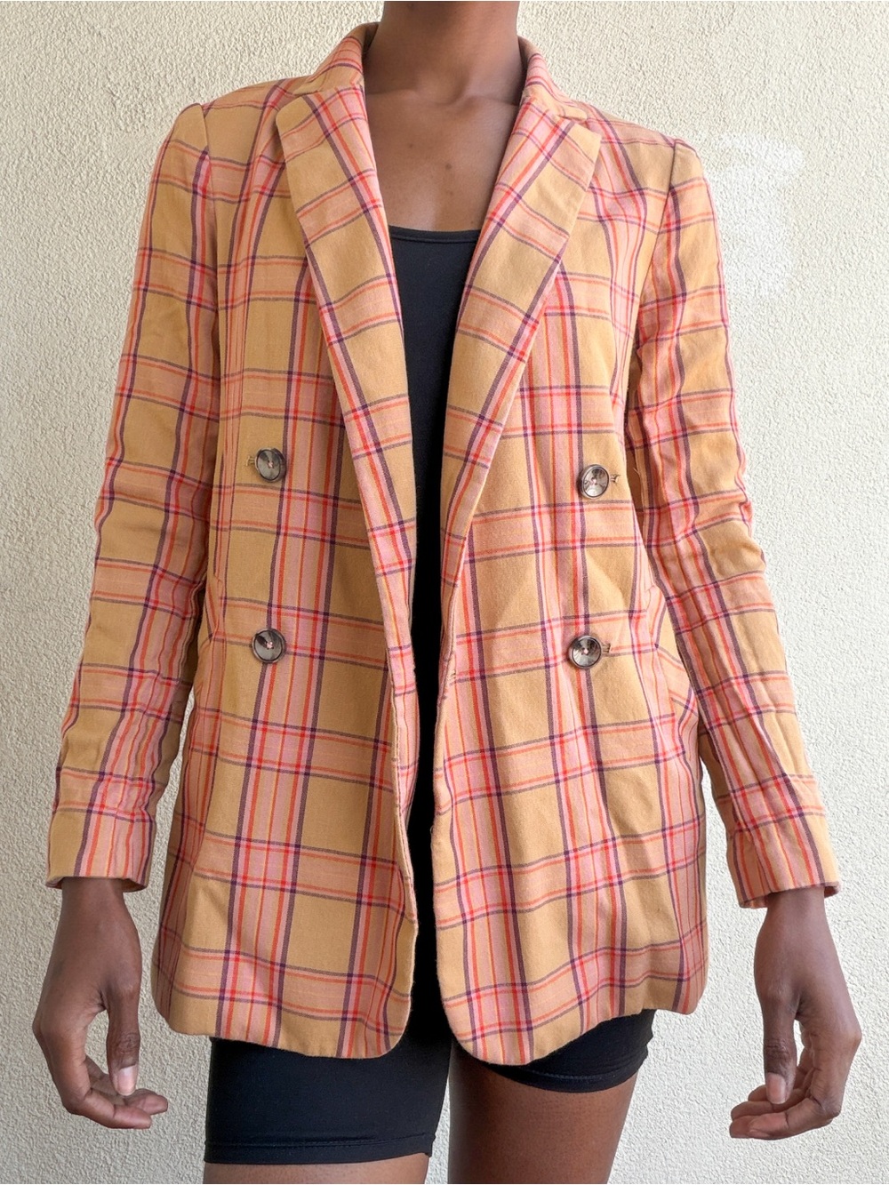Anthropologie Yellow Plaid Double-Breasted Blazer with Red & Blue Windowpane